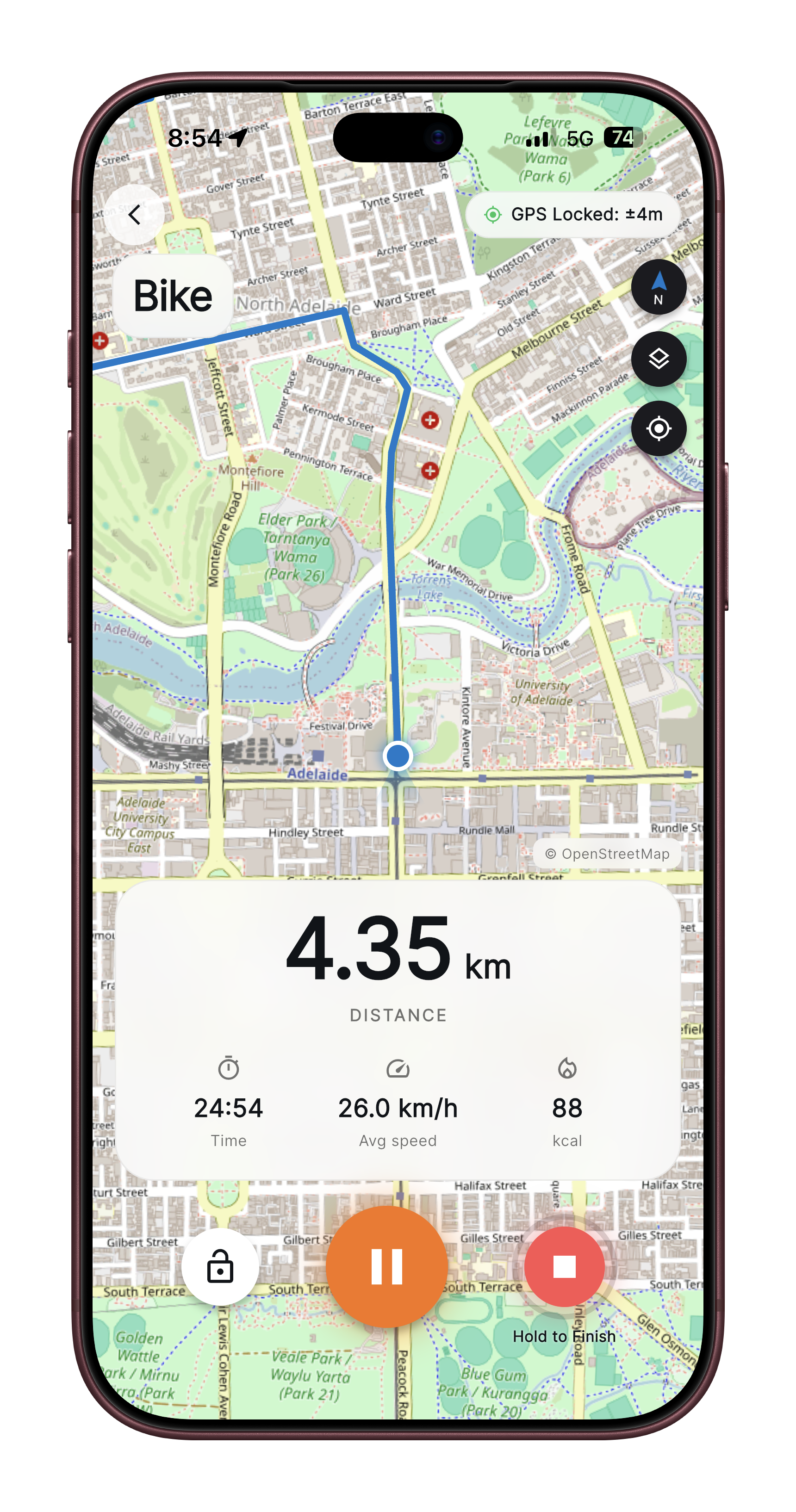 Live GPS ride tracking with route map, pace and splits